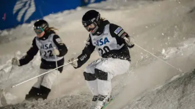 Jaelin Kauf (right) vs Olivia Giaccio (left) at the FIS Freestyle World Cup Moguls competition in Deer Valley^ UT on February 04^ 2017