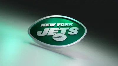 New York Jets logo on dark background with shiny details. 3D render. MUENSTER^ GERMANY - June 03^ 2023