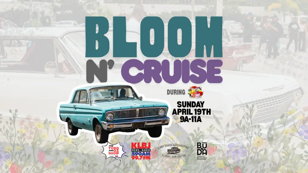 bloom n cruise buda car parade 2026 header image todd news radio klbj