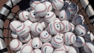 A bag of baseballs before a Major League Baseball game July 04^ 2022 - Atlanta^ GA^ USA
