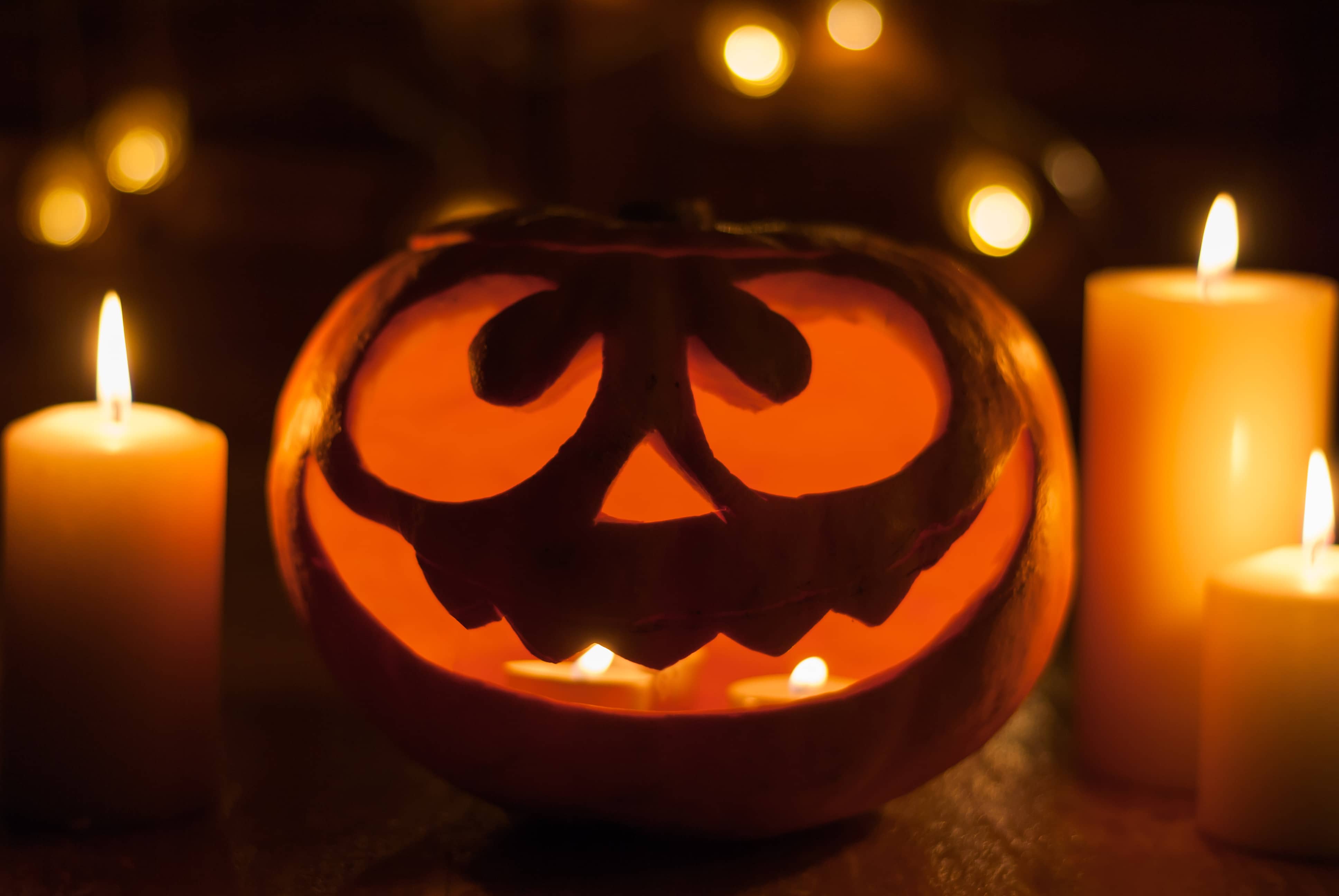 Halloween pumpkin head jack lantern with burning candles around staying at night near the window. 
