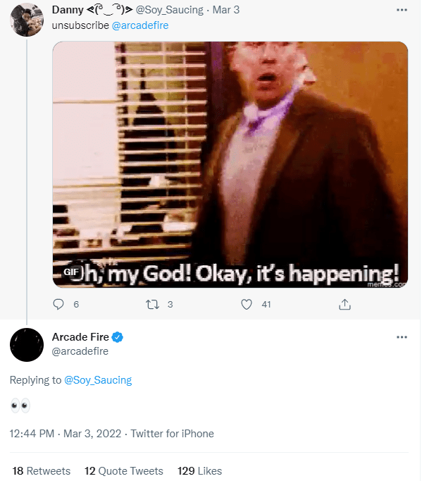 Screenshot from twitter about Arcade Fire 