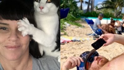 Side by side of Deb and George and Jason on the beach.