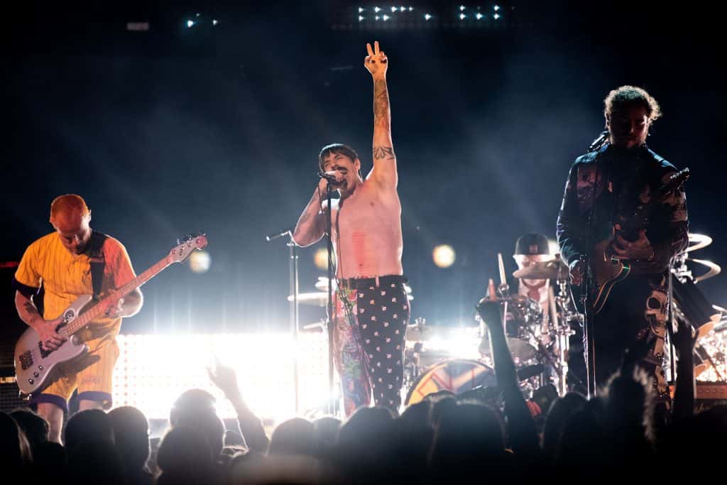 Flea, Anthony Kiedis, and Chad Smith of Red Hot Chili Peppers perform onstage with Post Malone at the 61st annual GRAMMY Awards