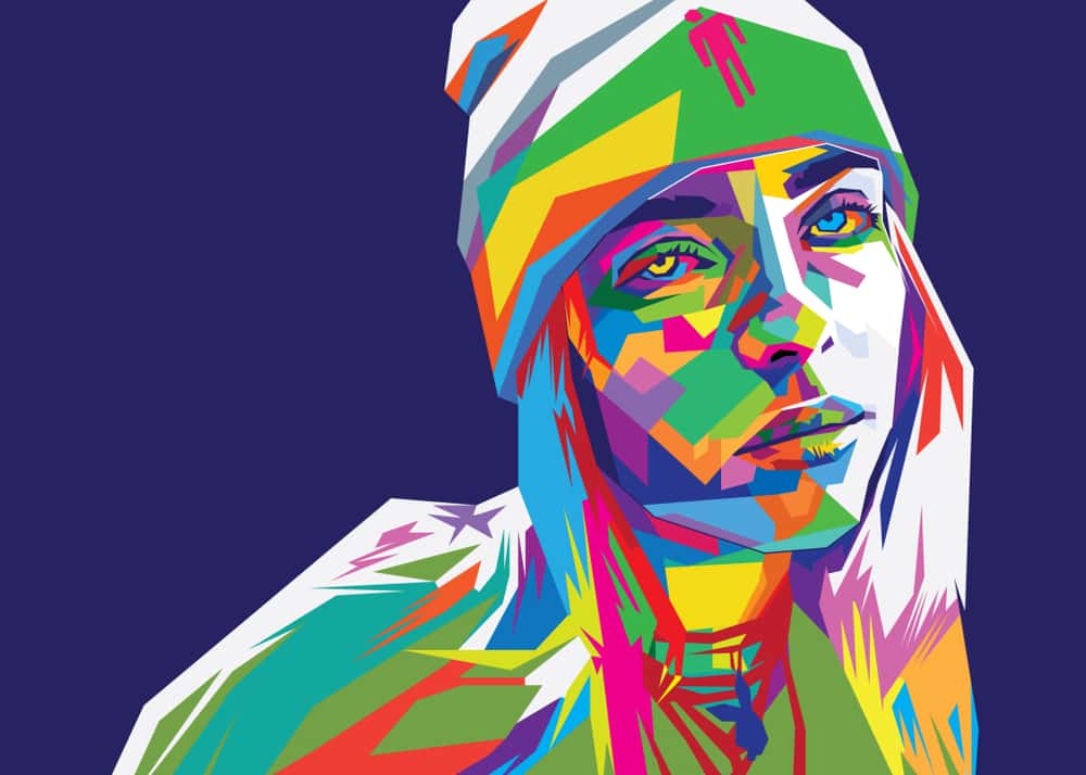 A picture of singer Billie Eilish that has been photoshopped to be weird colors