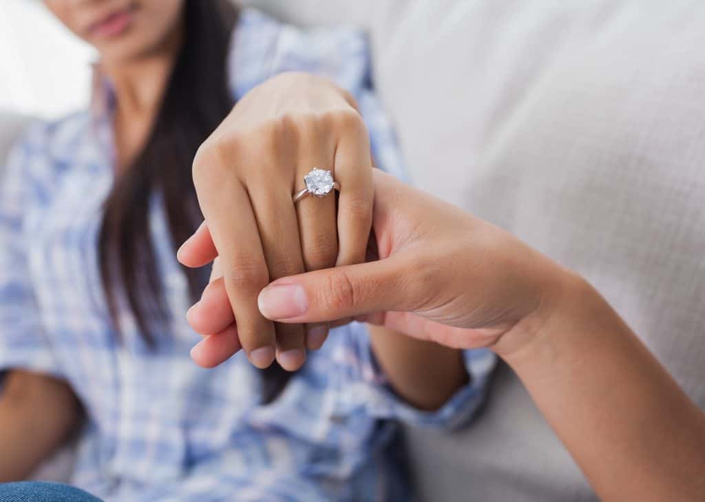 a stock image of a woman showing off the engagement ring on her hand