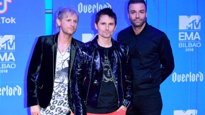 Dominic Howard, Matt Bellamy and Chris Wolstenholme of Muse attending the MTV Europe Music Awards 2018 held at the Bilbao Exhibi