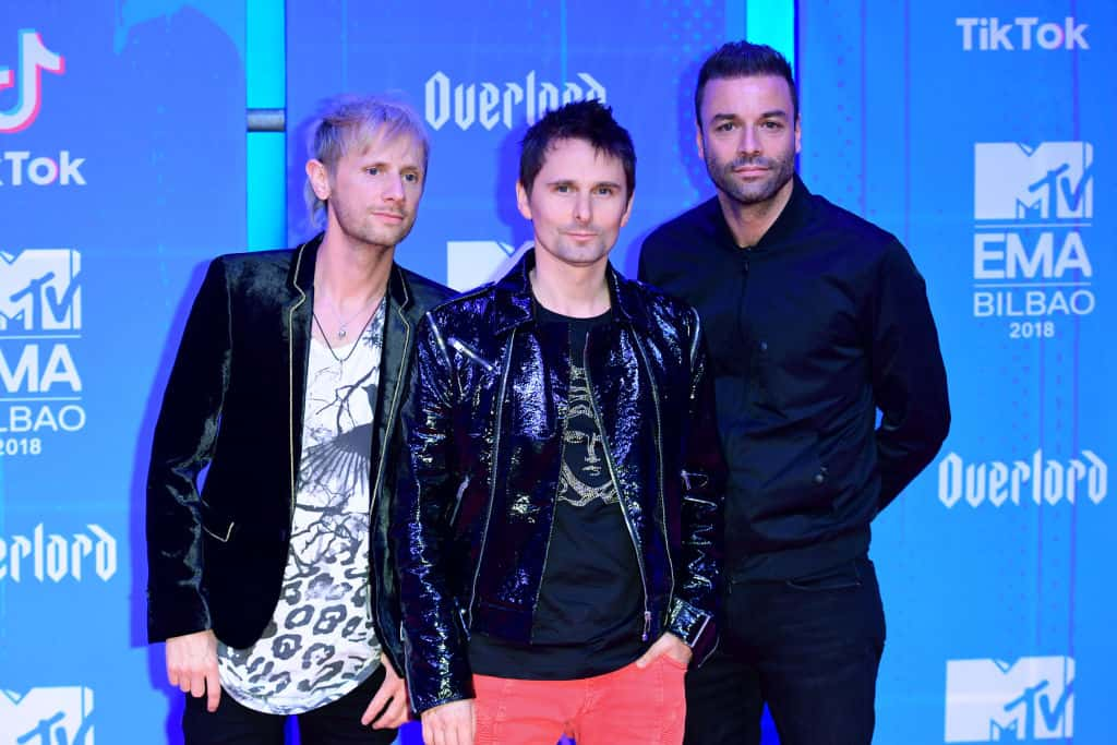 Dominic Howard, Matt Bellamy and Chris Wolstenholme of Muse attending the MTV Europe Music Awards 2018 held at the Bilbao Exhibi