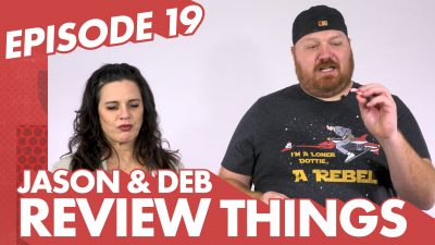 Episode 19 of Jason And Deb Review Things with a picture of Jason and Deb eating candy canes