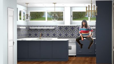 Deb photo shop in front of her new kitchen.