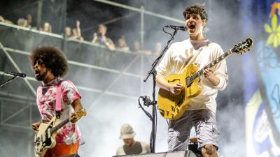 Brian Robert Jones and Ezra Koenig of Vampire Weekend performs at Lollapalooza 2018 at Grant Park on August 4, 2018 in Chicago