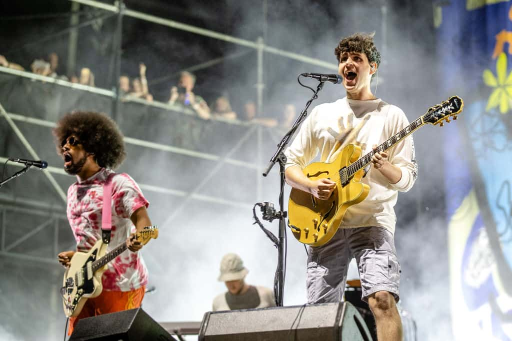 Brian Robert Jones and Ezra Koenig of Vampire Weekend performs at Lollapalooza 2018 at Grant Park on August 4, 2018 in Chicago