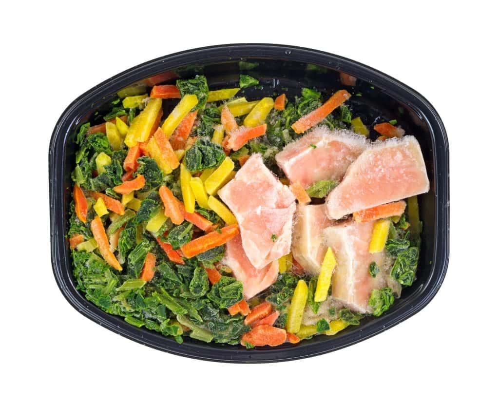 Frozen chicken and vegetable dinner.