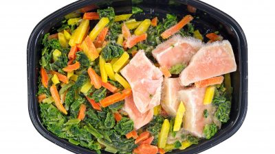 Frozen chicken and vegetable dinner.
