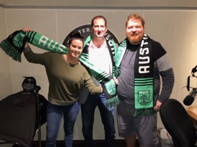 Jason and Deb in the 101X studio with Austin FC president Andy Loughnane.