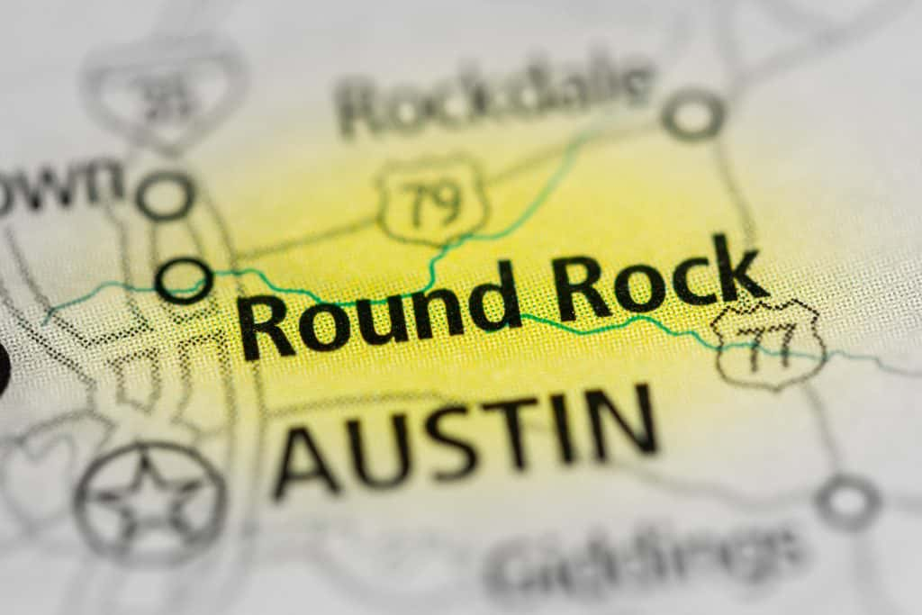 An Image of round rock on a map in yellow next to Austin