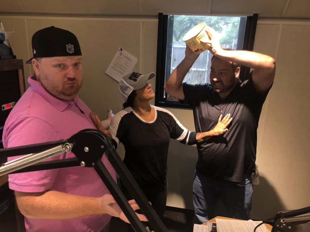 Jason, Deb and Nick in the studio. Deb is acting as mediator as Jason and Nick battle over a tub of ice cream