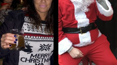 Deb and Jason side by side in Christmas outfits.