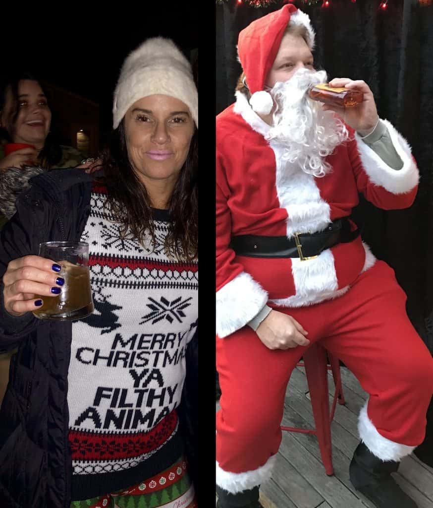 Deb and Jason side by side in Christmas outfits.