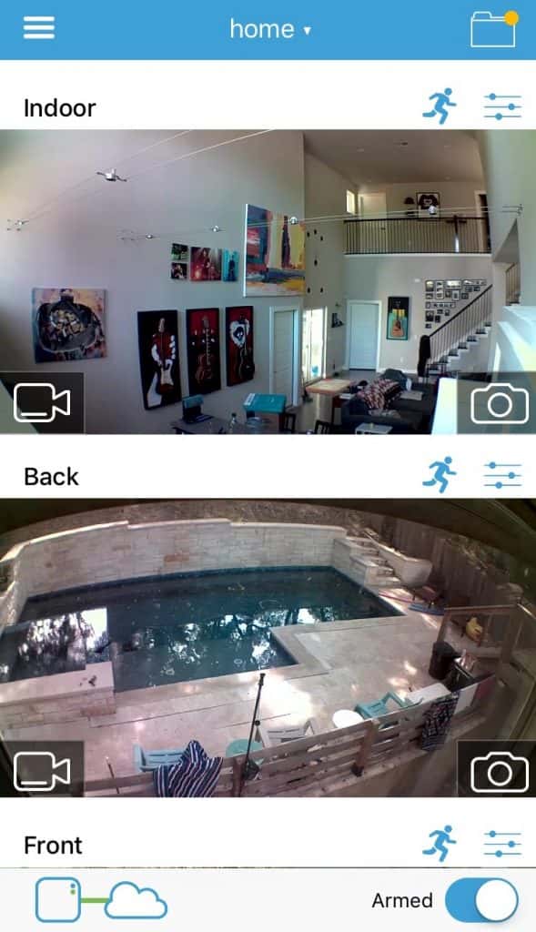 Screen shot of Jason's new home security cameras with a view of his pool and living room