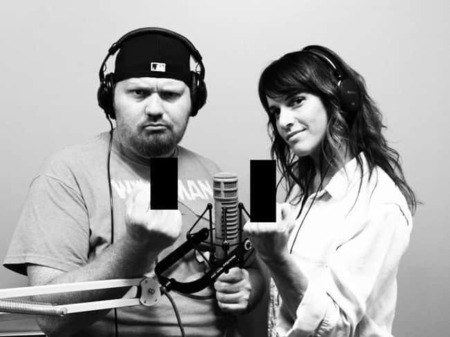 Jason and Deb in the studio with the finger blocked out.