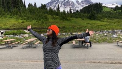 Deb with her arms in the air during her vacation to Washington.