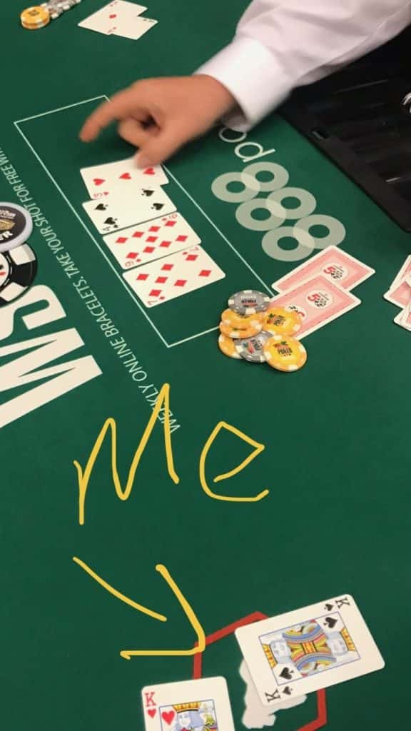 Jason playing poker at a table in Las Vegas for the World Series Of Poker.