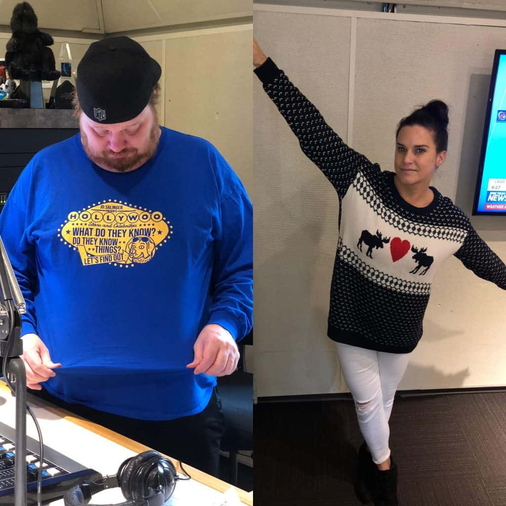 Side by side of Jason in a BoJack Horseman shirt and Deb in a Christmas sweater.