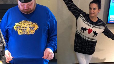 Side by side of Jason in a BoJack Horseman shirt and Deb in a Christmas sweater.
