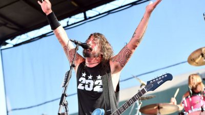 Singer Dave Grohl of the band Foo Fighters performs onstage during the Cal Jam 18 Pop Up concert at Hollywood Palladium on Augus