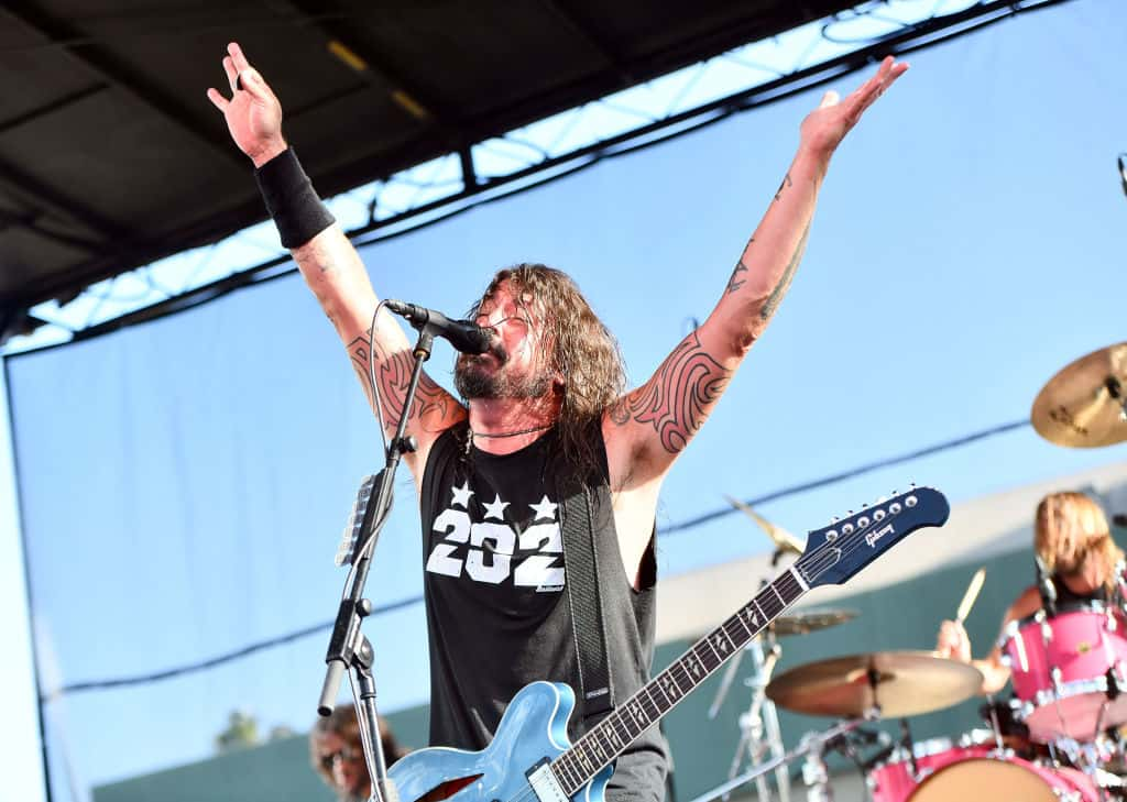 Singer Dave Grohl of the band Foo Fighters performs onstage during the Cal Jam 18 Pop Up concert at Hollywood Palladium on Augus