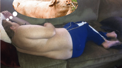 A picture of Jason sleeping on a couch that has been photo-shopped with a thought bubble to look like he's dreaming of pigs.