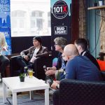 The 101X Day Party during SXSW-Day 1: Toby Ryan, Guy with beanie, Bill Burrs, Mike Wiebe and Carlos Sosa
