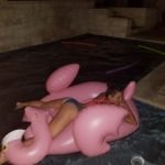 Jason's Pool Gets Invaded: Deb riding an inflatable flamingo at Jason's pool