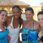 Memorial Day Drunk Fight: Deb and Cassandra posing with listeners Jason and Deb playing volleyball with listeners at the Round Rock Express pool