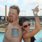 Memorial Day Drunk Fight: Jason and Deb posing back to back at the Round Rock Express pool