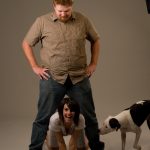 Blue photo-bombing during a promotional photo shoot.: Blue photo bombing a promotional photo shoot with Jason and Deb