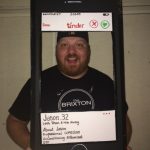 A Tinder profile costume may seem played out now, but at the time this was super clever of him.: Jason with a homemade Tinder dating profile costume