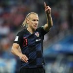 Domagoj Vida: Croatia Defender: Domagoj Vida: Croatia Defender in the field pointing 