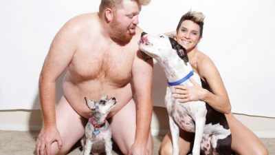 Naked Jason and Deb with Dogs