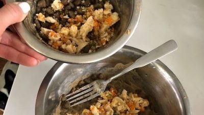 A bowl of dog food made fresh and cooked by Deb.