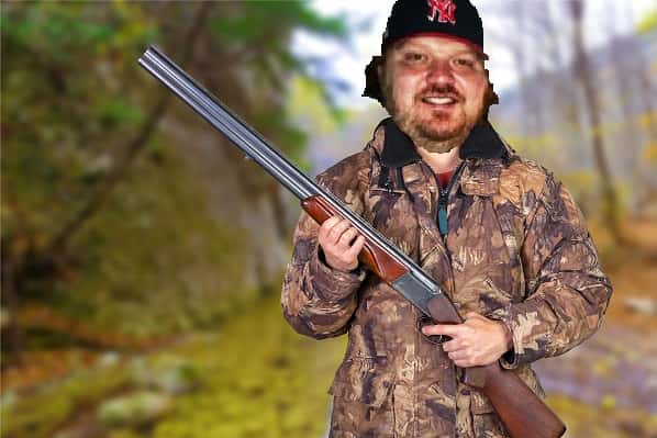 Photoshopped Image of Jason holding a rifle in a camouflage jacket