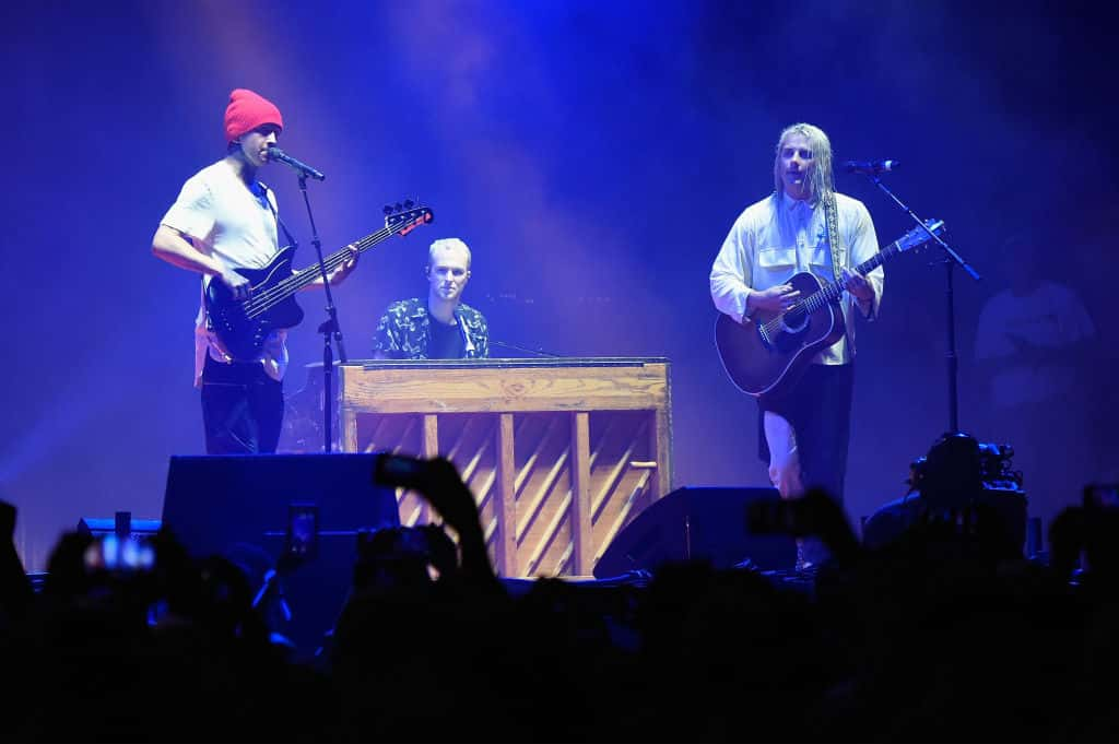 Tyler Joseph of Twenty One Pilots  performs onstage with members of Judah & the Lion during the 2017 Firefly Music Festival on J