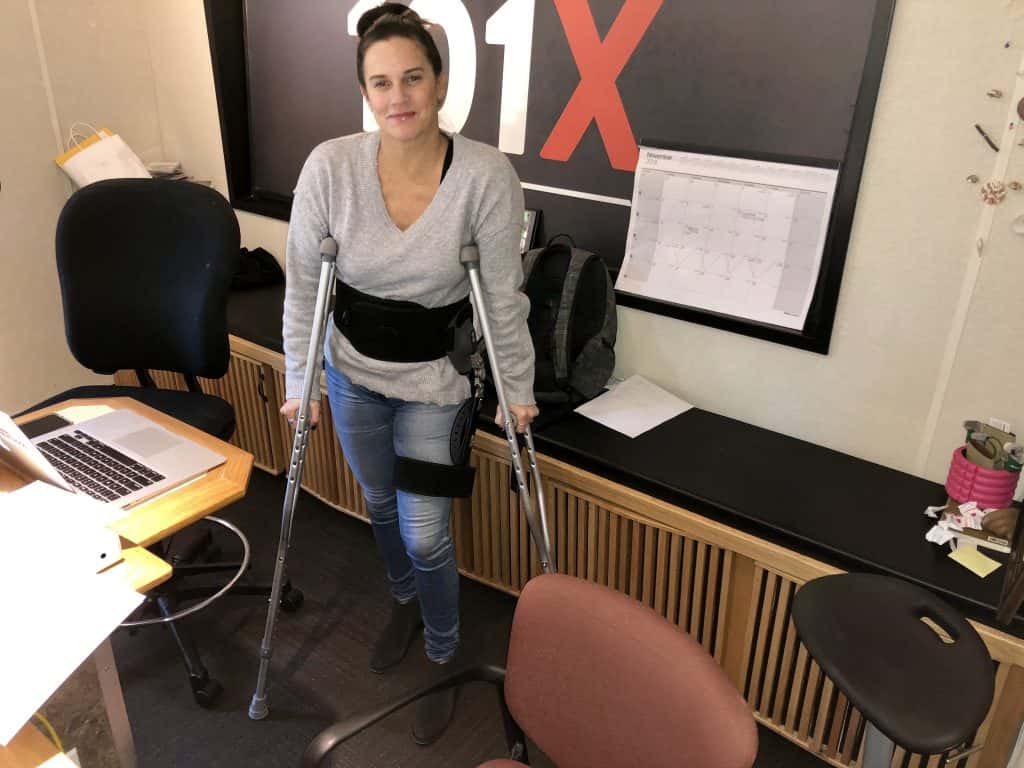 Deb on crutches after having surgery on her labrum.
