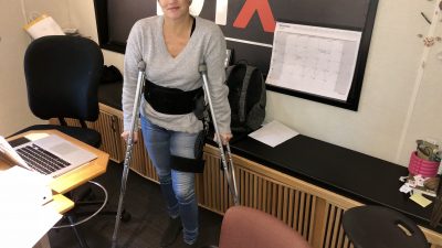 Deb on crutches after having surgery on her labrum.