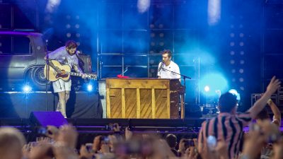 Post Malone joins Twenty One Pilots on stage during Leeds Festival 2019 at Bramham Park on August 25, 2019 in Leeds, England.