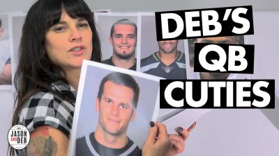 Deb holding a picture of Tom Brady