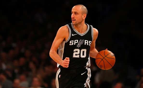 Manu Ginobili #20 of the San Antonio Spurs in action against the New York Knicks at Madison Square Garden
