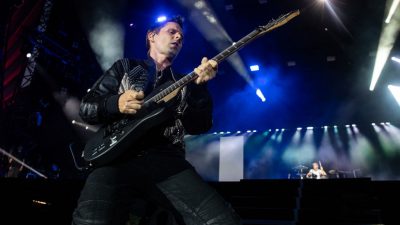 Matthew Bellamy, singer and guitarist of the British rock band 'Muse', performing on stage at the 'Rock im Park' Festival