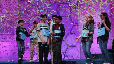 Co-champions Sohum Sukhatankar (L) of Dallas, Texas, Saketh Sundar (3rd L) of Clarksville, Maryland, Rishik Gandhasri (5th L) o